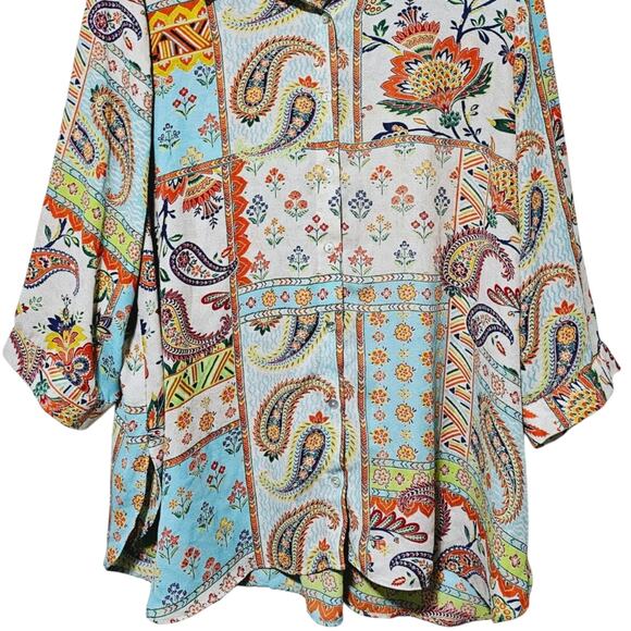 Rose & Olive Button-Up Top Paisley Patchwork Desigh Women's Size 1X Boho Trendy - Picture 2 of 6